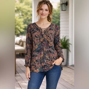The Pioneer Woman Floral Cottagecore Prairie Boho Lace-Up Peasant Blouse Size M